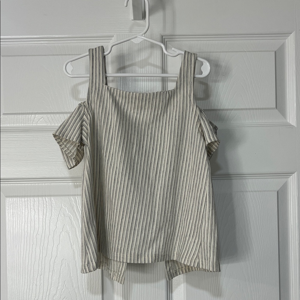 Zara Cream and Gray Striped Cold-Shoulder Blouse